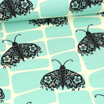 Maille french terry sweat coton bio bleu imprimé papillon de nuit - Albstoffe