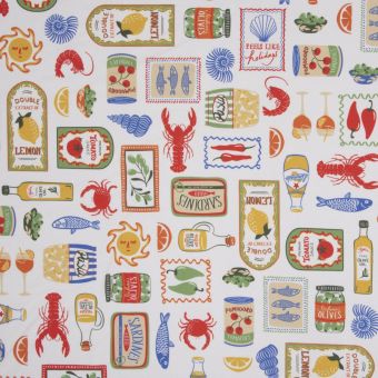 Toile semi panama imprimé digital blanche jolis motifs mediterranéen