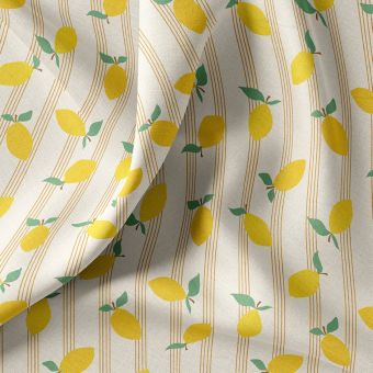 Tissu cretonne coton enduit citron sur fond rayé rose