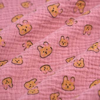 Tissu double gaze tête de lapin rose