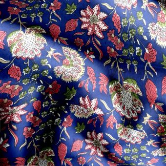 Tissu voile de coton imprimé belle fleur indienne rouge bleu