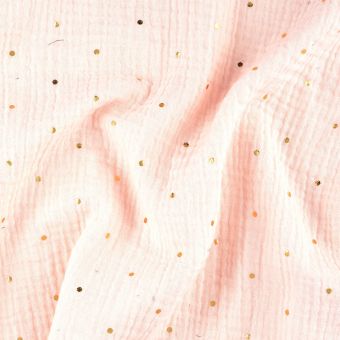 Tissu double gaze Donna rose pâle à pois dorés