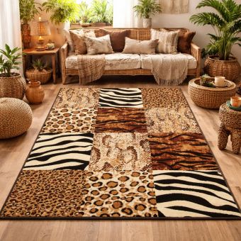 Tapis salon et chambre tissé motif animaux LYN1 SAVANA, beige