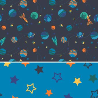 Tissu douillette double face imprimé planète et étoiles bleu