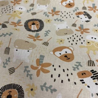 Toile coton imprimée tête de lion naturel