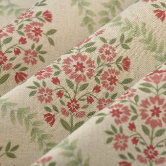Tissu bachette lin coton bouquet feuillage rose vert