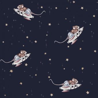 Tissu Coton Fusée Souris Nuit, coupon 1m x laize (155cm)