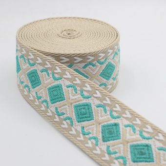 Ruban sangle ecru motif losange ethnique turquoise et blanc 50mm