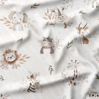 Tissu coton imprimé Douceur de la Savane – Animaux de la savane pastel – OEKO-TEX®