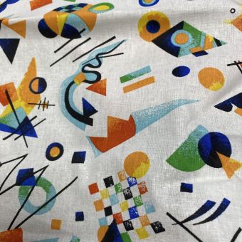 Tissu cretonne blanche géometrique rétro multico