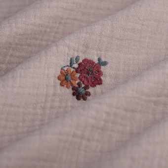Tissu double gaze brodée fleur mauve