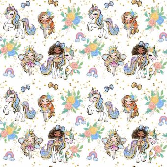 Tissu Impermeable Licorne Et Filles Blanc, coupon 1m x laize (155cm)