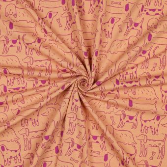 Tissu jersey coton elasthanne chiens prune ocre