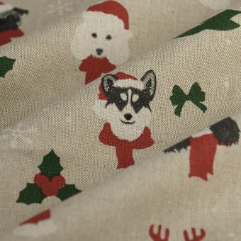 Tissu bachette linen look Xmas Dogs