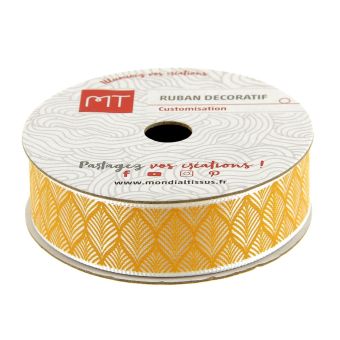 Bobine ruban satin jaune motif palme 4m X 16 mm