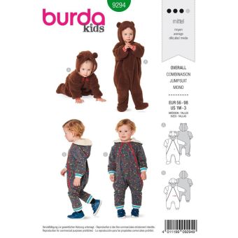 Patron burda 9294 Combinaison bébé zippée à capuche de 1 mois à 3 ans