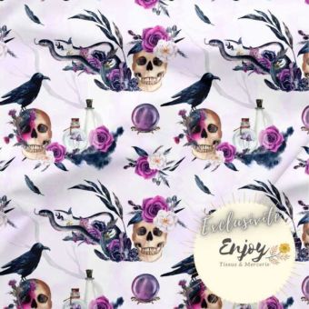 Tissu 100% coton premium Halloween Crâne Corbeau violet vendu par mètre
