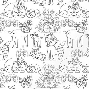 Tissu Softshell Animaux Foret Boho A Colorier, coupon 1m x laize (145cm)