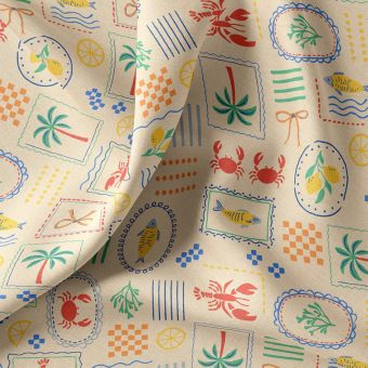 Tissu cretonne coton enduit motifs carte postale vacances beige