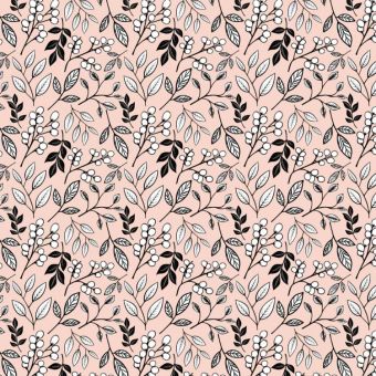 Tissu Satin de Coton Brindilles et Feuilles Blush, coupon 1m x laize (160cm)