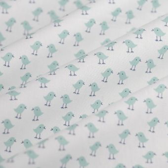 Tissu popeline coton bio petit oiseau jade écru