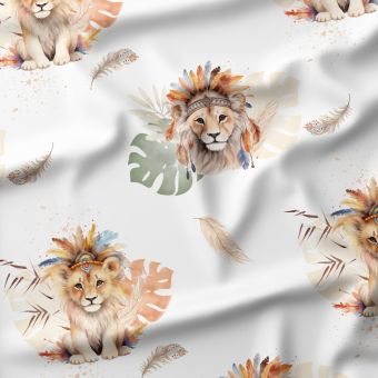 Lion Boho – Tissu Jersey coton imprimé au mètre, doux et certifié Oeko-Tex