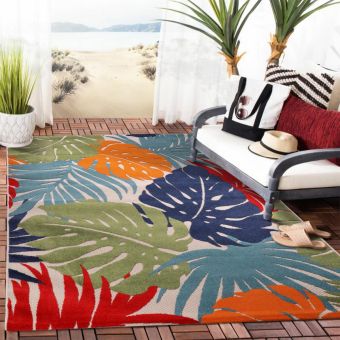 Tapis extérieur tissé kilim rectangle CHIMEKI, bleu, rouge, orange, vert