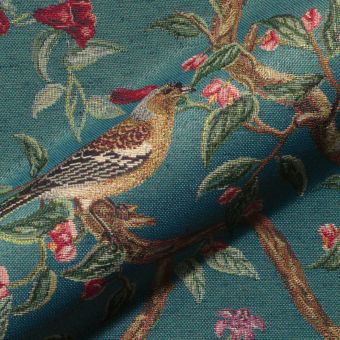 Tissu jacquard gobelin oiseaux sur branche en fleurs bleu