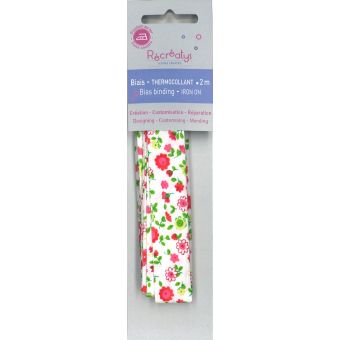 Biais 2m thermocollant fleurs des champs rose sur fond blanc