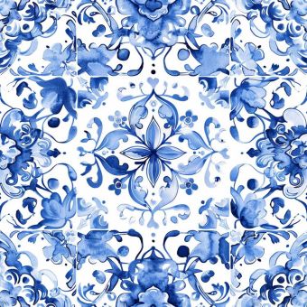 Tissu Impermeable Carreaux Fleurs Bleu, coupon 1m x laize (155cm)