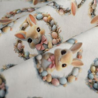 Tissu cretonne lapin couronne Pâques 