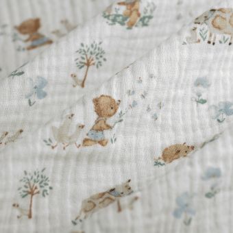 Tissu double gaze animaux de la ferme écru
