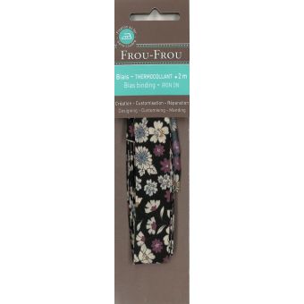 Biais thermocollant 20mmx2m tissu fleuri noir