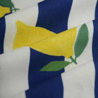 Tissu bachette rayure bleu citron jaune 
