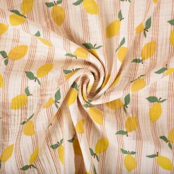 Tissu double gaze citron sur fond rayé rose