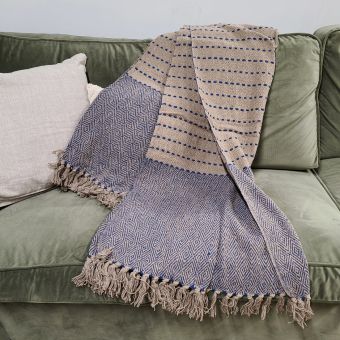 Plaid recyclé 130x180cm taupe motif fil marine artisanat indien - AU Maison