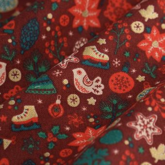 Tissu bachette de Noël oiseaux patins rouge 