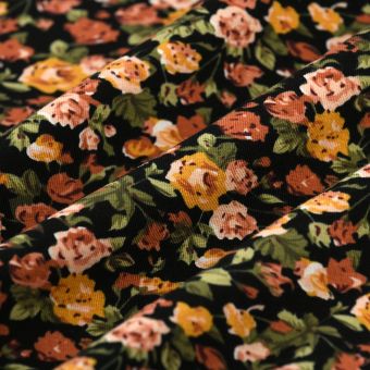Tissu jersey coton rose feuillage multicolore