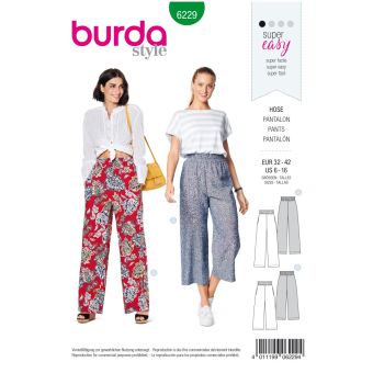 Patron Burda 6229 Pantalon femme et pantacourt à coulisse élastique jambes amples - du 32 au 42