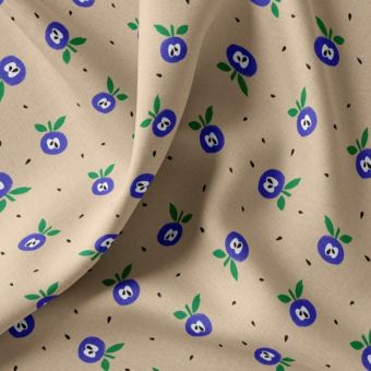 Tissu coton enduit beige petites pommes bleu