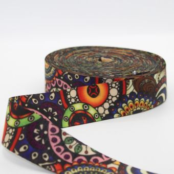 Ruban sangle 38 mm imprime fleurs seventies multicolores