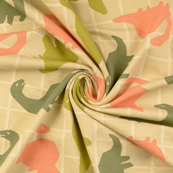 Tissu molleton dinosaure carreaux beige