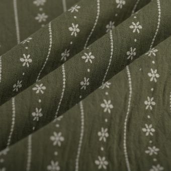 Tissu toile coton fleur ligne écru kaki