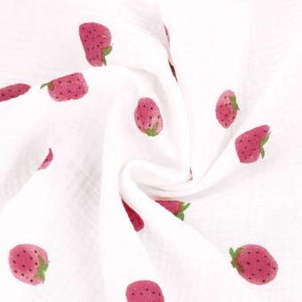 Tissu double gaze blanche fraises rose