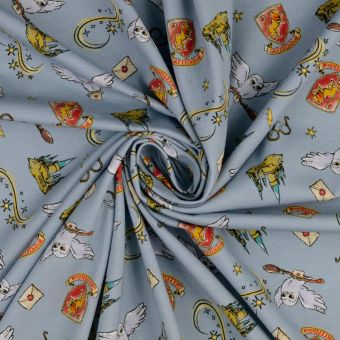 Maille jersey coton imprimée digitale gryffondor Harry Potter fond gris bleu