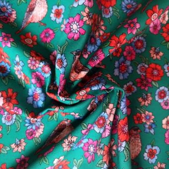 Jersey de coton vert motif Jardin anglais – oiseaux et fleurs