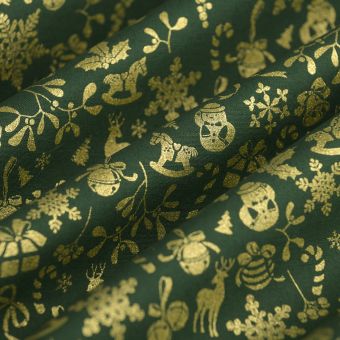 Tissu cretonne de Noël gold éléments vert