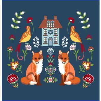 Carré de tissu jacquard renards art déco fleuris 45 x 45 cm