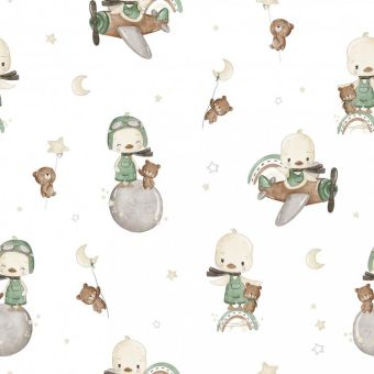 Tissu Satin de Coton Bébé Caneton Avion, coupon 1m x laize (160cm)