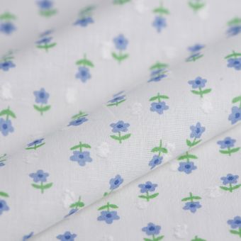 Tissu plumetis coton mini fleur 5 pétales bleu blanc